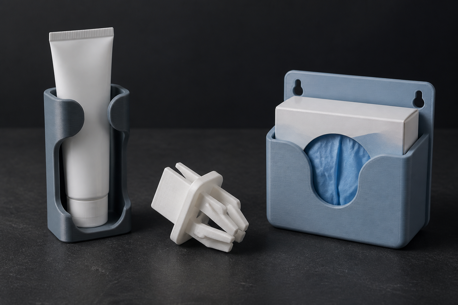 Three 3D-printed products on a dark surface