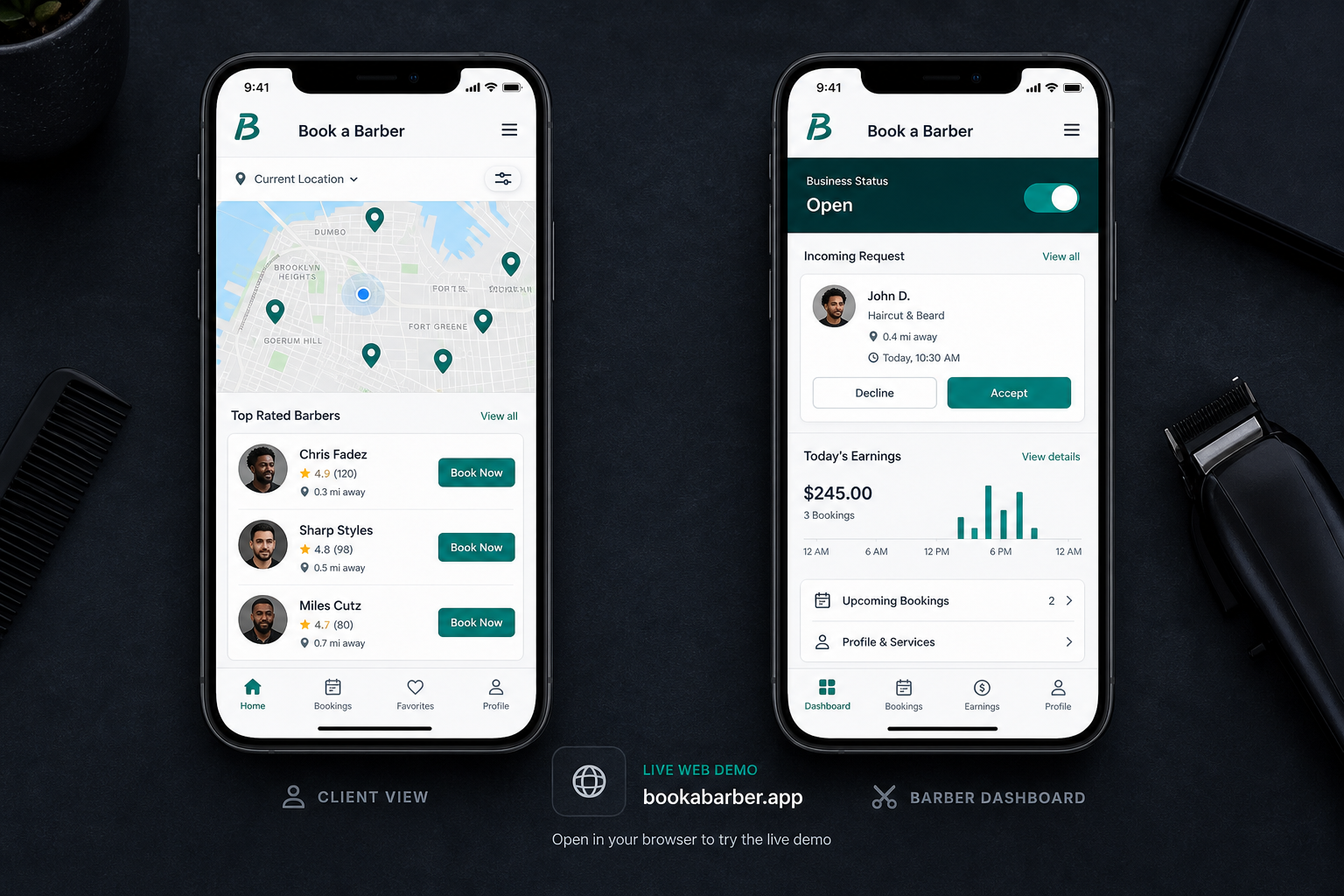 Book a Barber dual-phone demo screenshot
