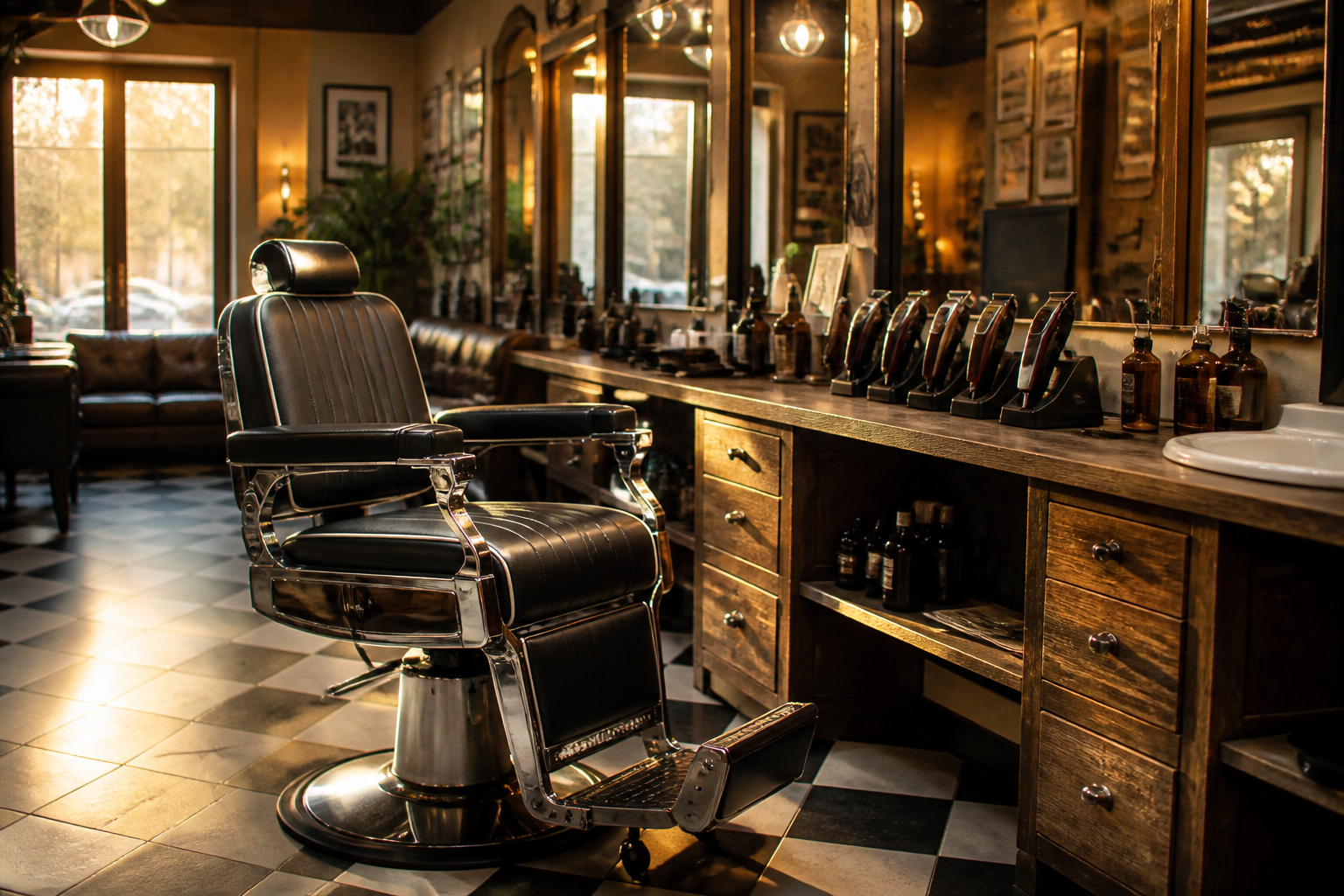 Empty barber chair in a contemporary shop