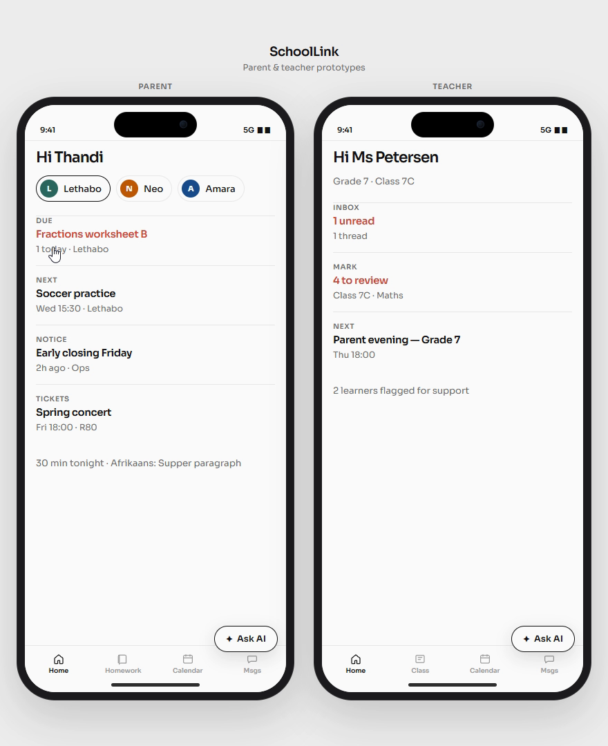 SchoolLink parent and teacher prototypes