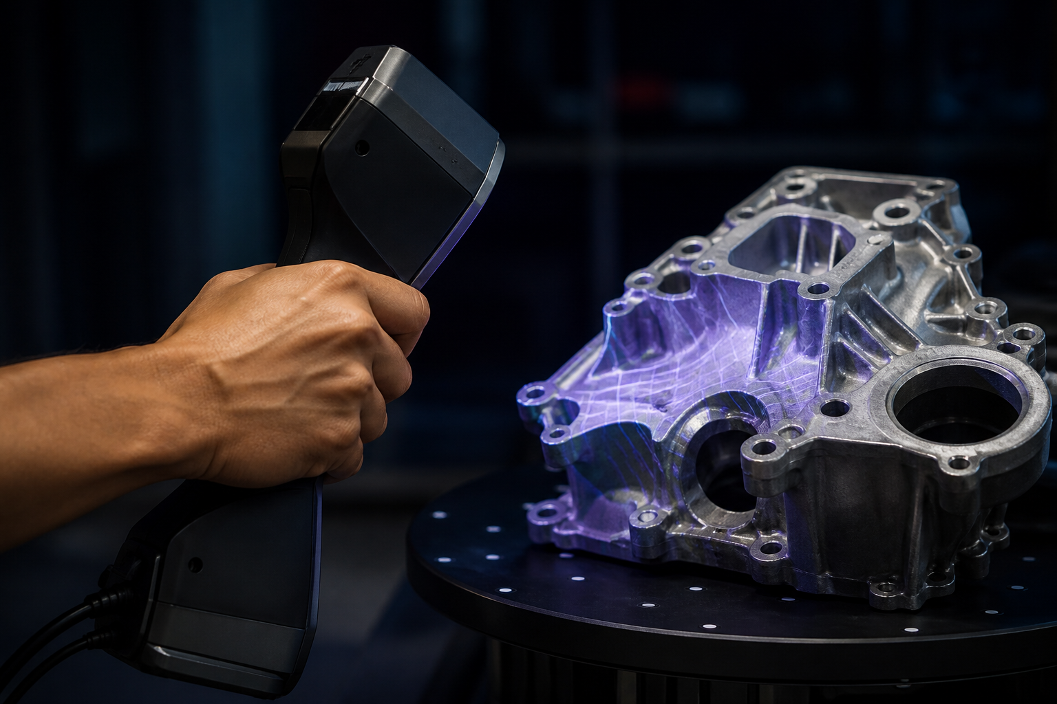One hand scanning a mechanical part on a turntable