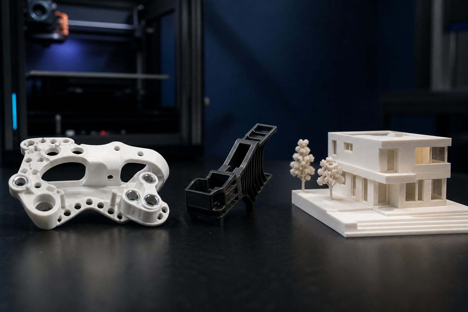 Finished custom 3D-printed parts on a workbench