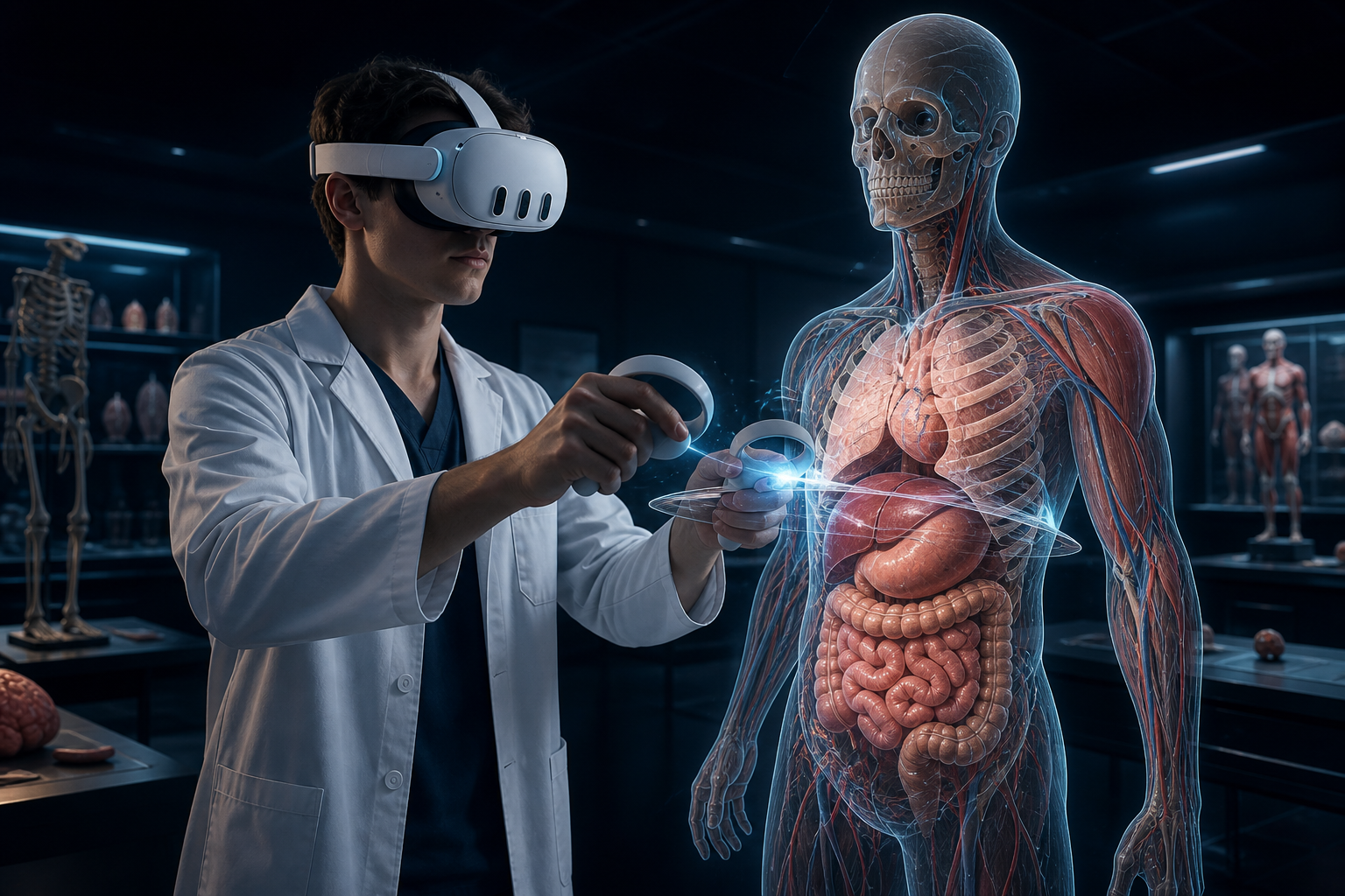 Medical student in a Meta Quest 3 headset dissecting a holographic human body