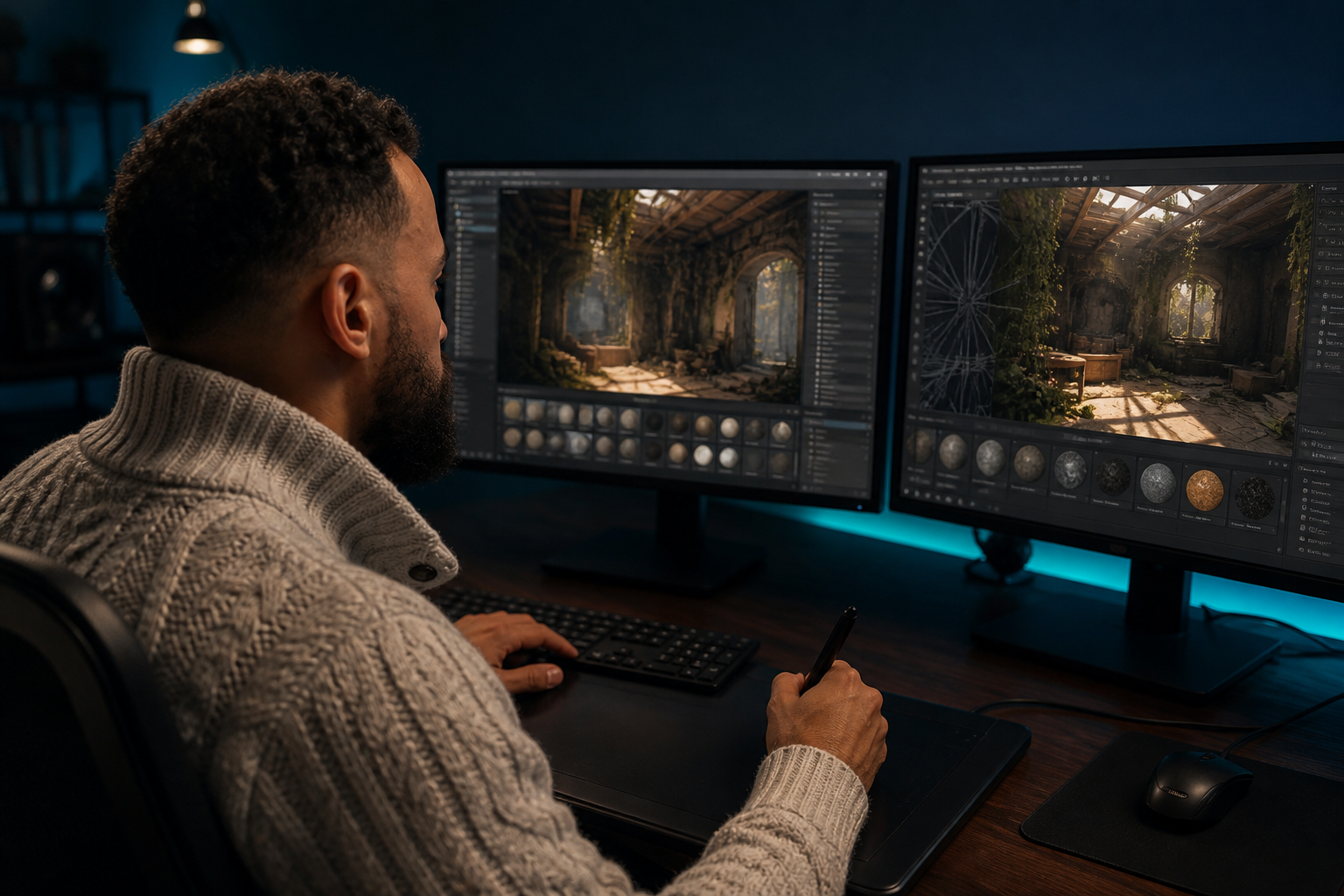 Technical artist at a realtime 3D look-dev workstation