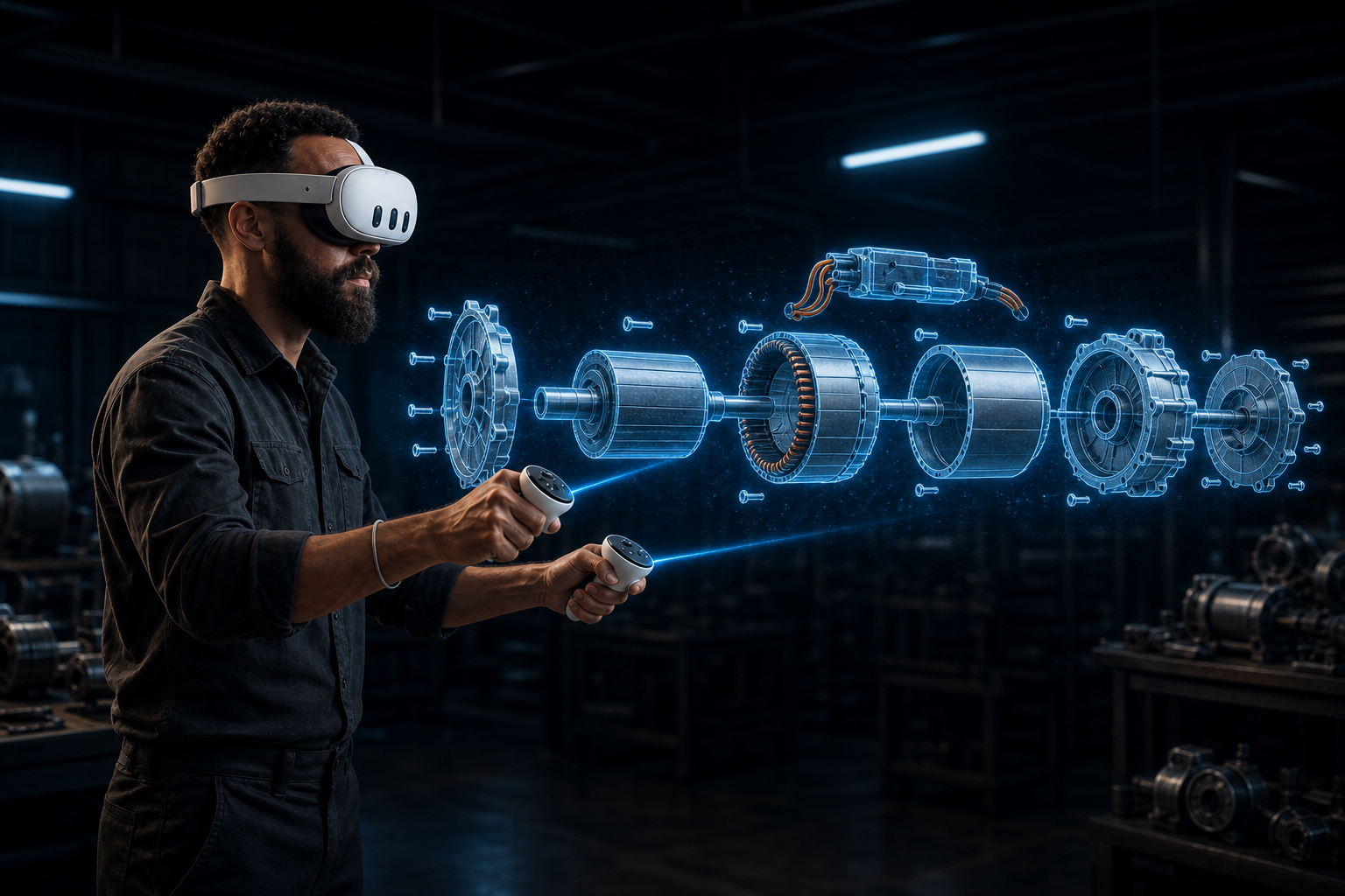 Developer in a Meta Quest 3 headset pulling apart a holographic electric motor